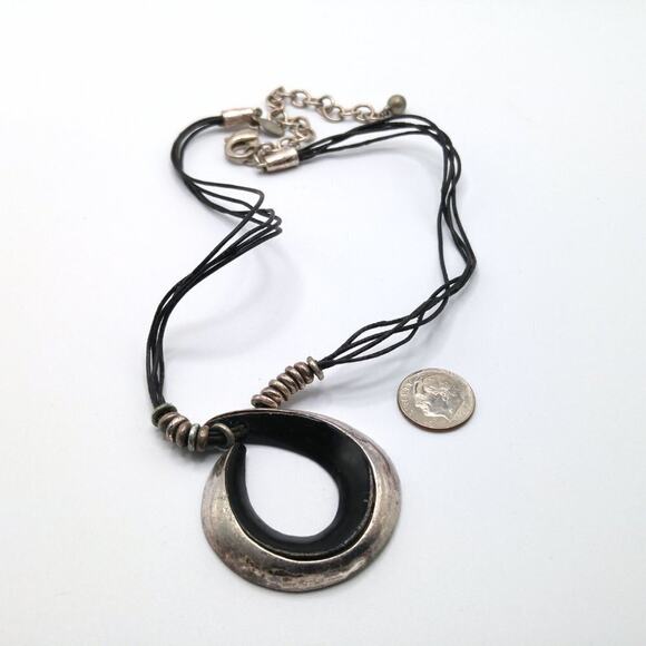 Chico's Black Enamel Pendant Necklace, Four Faux Leather Cords, Silver Tone Bead - Picture 7 of 7